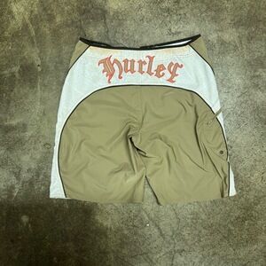 Hurley Mens Swim Trunks Size 36 Brown White Y2K Board Shorts Zipper Pocket Retro